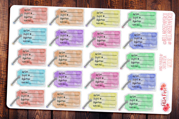 Luggage Tag Flight Info Hand Painted Watercolor Planner Stickers W009