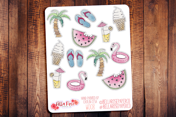 Summer Hand Painted Watercolor Planner Stickers W008