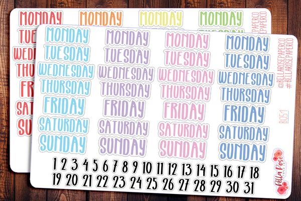 Marker Font Date Covers/Days of The Week Planner Stickers B051