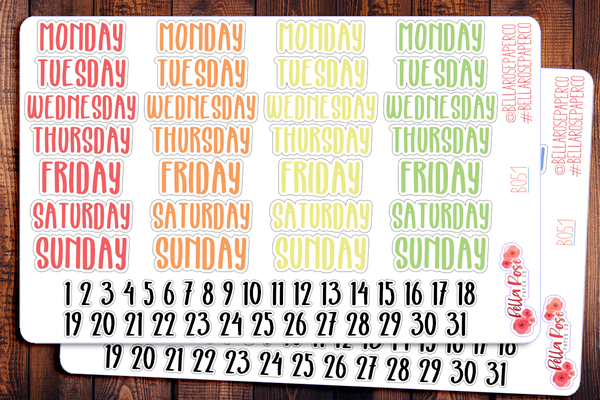 Marker Font Date Covers/Days of The Week Planner Stickers B051